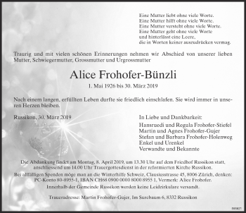 Traueranzeige von Alice Frohofer-Bünzli von ZO Gesamt