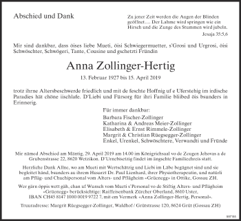 Traueranzeige von Anna Zollinger-Hertig von ZO Gesamt