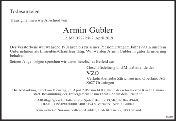 Traueranzeige von Armin Gubler von ZO Gesamt