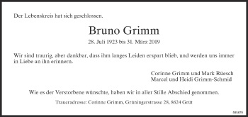 Traueranzeige von Bruno Grimm von ZO Gesamt