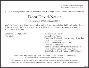 Traueranzeige von Dora David-Nauer von Glattaler