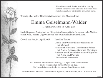 Traueranzeige von Emma Geiselmann-Walder von ZO Gesamt