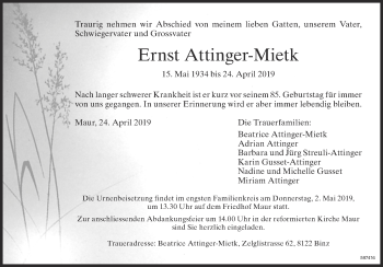 Traueranzeige von Ernst Attinger-Mietk von ZO Gesamt