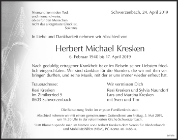 Traueranzeige von Herbert Michael Kresken von Glattaler