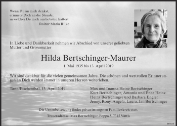 Traueranzeige von Hilda Bertschinger-Maurer von ZO Gesamt