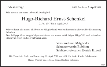 Traueranzeige von Hugo-Richard Ernst-Schenkel von ZO Gesamt