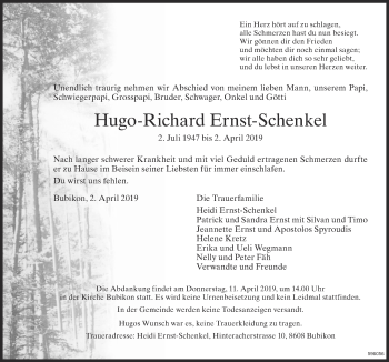 Traueranzeige von Hugo-Richard Ernst-Schenkel von ZO Gesamt