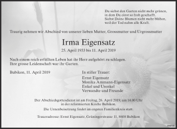 Traueranzeige von Irma Eigensatz von ZO Gesamt