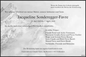 Traueranzeige von Jacqueline Sonderegger-Favre von Glattaler