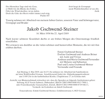 Traueranzeige von Jakob Gschwend-Steiner von ZO Gesamt