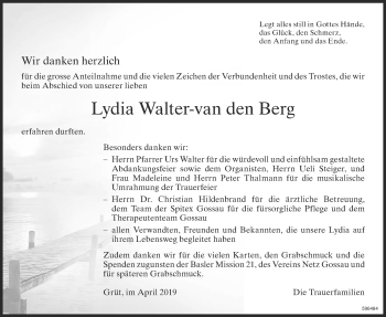 Traueranzeige von Lydia  Walter-van den Berg von ZO Gesamt