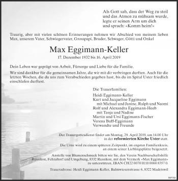 Traueranzeige von Max Eggimann-Keller von ZO Gesamt