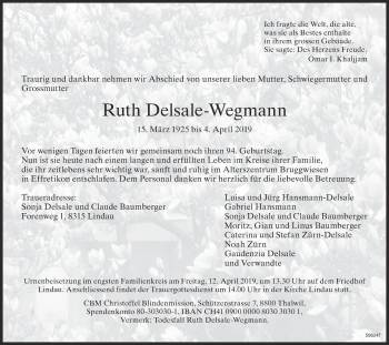 Traueranzeige von Ruth Delsale-Wegmann von reg_12345