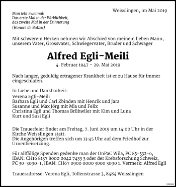 Traueranzeige von Alfred Egli-Meili von ZO Gesamt