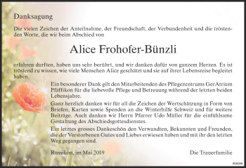 Traueranzeige von Alice Frohofer-Bünzli von ZO Gesamt