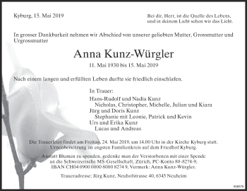 Traueranzeige von Anna Kunz-Würgler von ZO Gesamt