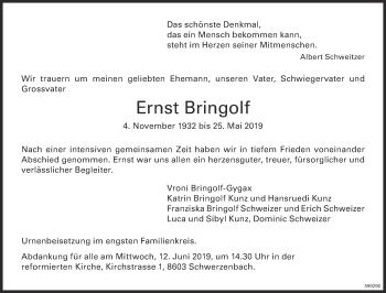 Traueranzeige von Ernst Bringolf von Glattaler