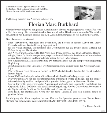 Traueranzeige von Florian Marc Burkhard von ZO Gesamt