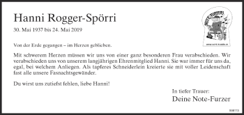 Traueranzeige von Hanni Rogger-Spörri von ZO Gesamt