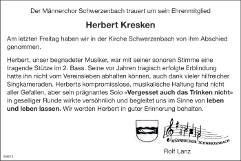 Traueranzeige von Herbert Kresken von Glattaler