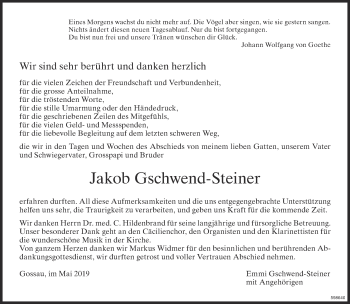 Traueranzeige von Jakob Gschwend-Steiner von ZO Gesamt