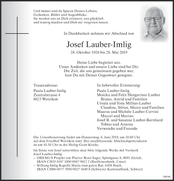 Traueranzeige von Josef Lauber-Imlig von ZO Gesamt