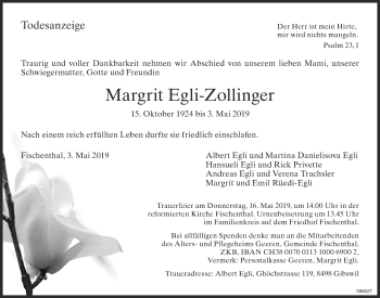 Traueranzeige von Margrit Egli-Zollinger von ZO Gesamt