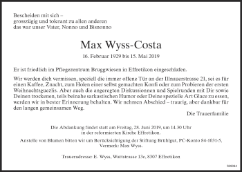 Traueranzeige von Max Wyss-Costa von reg_12345