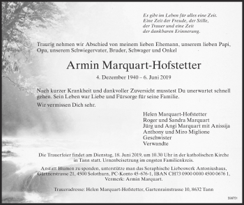 Traueranzeige von Armin Marquart-Hofstetter von ZO Gesamt