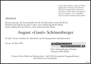 Traueranzeige von August  Schönenberger von ZO Gesamt