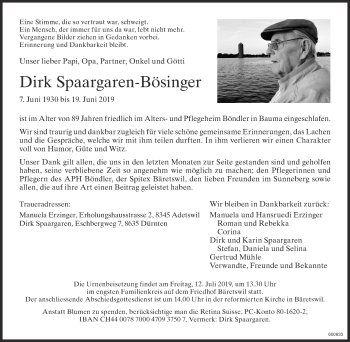 Traueranzeige von Dirk Spaargaren-Bösinger von ZO Gesamt