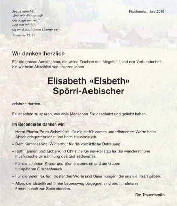 Traueranzeige von Elisabeth Spörri-Aebischer von ZO Gesamt