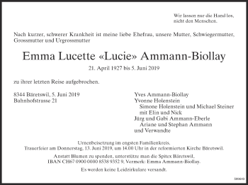 Traueranzeige von Emma Lucette  Ammann-Biollay von ZO Gesamt