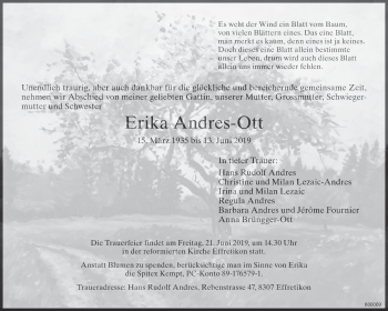 Traueranzeige von Erika Andres-Ott von ZO Gesamt