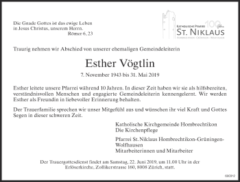 Traueranzeige von Esther Vögtlin von ZO Gesamt