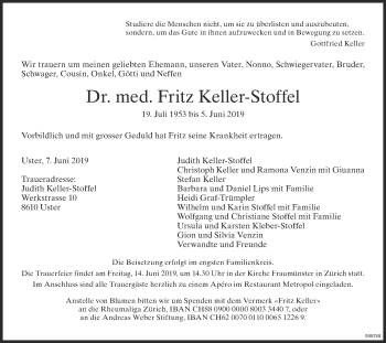 Traueranzeige von Fritz Keller-Stoffel von ZO Gesamt