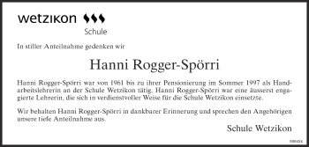 Traueranzeige von Hanni Rogger-Spörri von ZO Gesamt