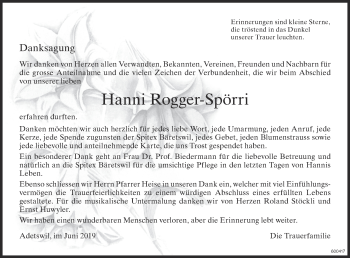 Traueranzeige von Hanni Rogger-Spörri von ZO Gesamt