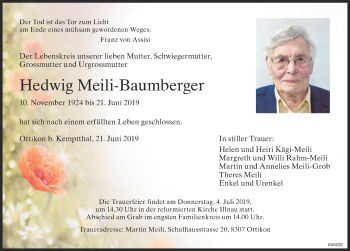 Traueranzeige von Hedwig Meili-Baumberger von reg_12345