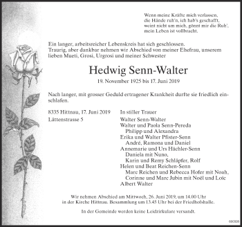 Traueranzeige von Hedwig Senn-Walter von ZO Gesamt