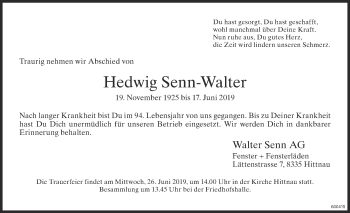 Traueranzeige von Hedwig Senn-Walter von ZO Gesamt