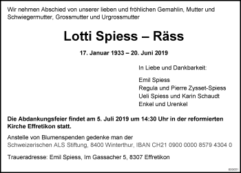 Traueranzeige von Lotti  Spiess-Räss von reg_12345