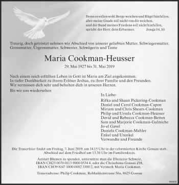 Traueranzeige von Maria Cookman-Heusser von ZO Gesamt