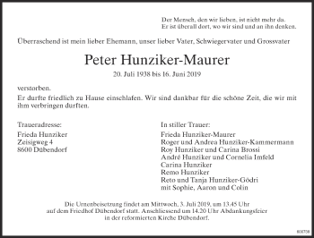 Traueranzeige von Peter Hunziker-Maurer von Glattaler