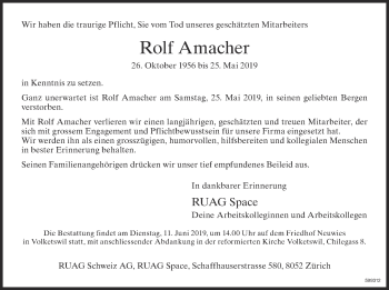 Traueranzeige von Rolf Amacher von Glattaler