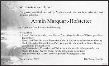 Traueranzeige von Armin Marquart-Hofstetter von ZO Gesamt