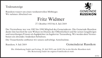 Traueranzeige von Fritz Widmer von ZO Gesamt