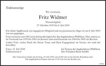 Traueranzeige von Fritz Widmer von ZO Gesamt