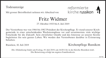 Traueranzeige von Fritz Widmer von ZO Gesamt