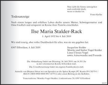 Traueranzeige von Ilse Maria Stalder-Rack von reg_12345